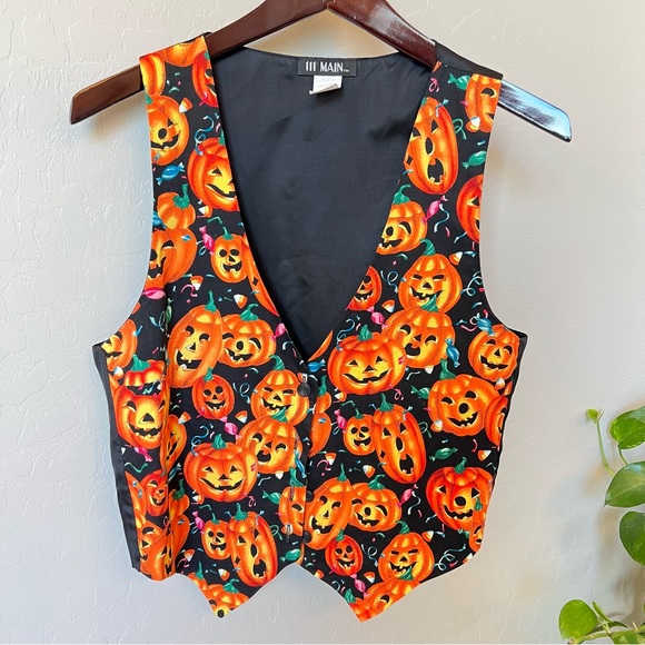 111 Main Jackets & Blazers - 111 Main Halloween pumpkin print unisex buttondown Vest, Women’s sz Medium